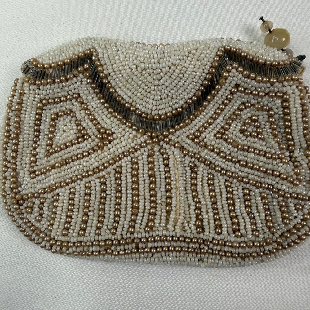 Vintage Art Deco Beaded Coin Purse Cream Champagne Geometric Prentice Zipper